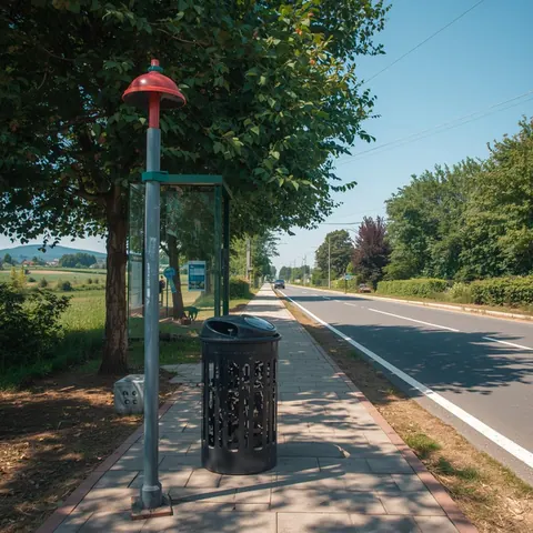 Coș de gunoi stradal pe o alee cu copaci